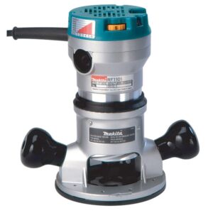 Makita RF1101 router motor mounted in plunge base front view showing variable speed dial, dual handles, and round base plate on white background