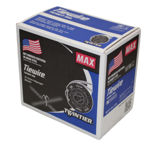 MAX TW1061T 19 GA rebar tie wire box for Twin Tier tools, blue and white packaging with MAX branding and wire coil illustration on front.