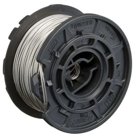 MAX TW1061T 19-gauge rebar tie wire spool for Twin Tier tools, black plastic reel with silver steel tie wire wound tightly around the core, isolated on white background