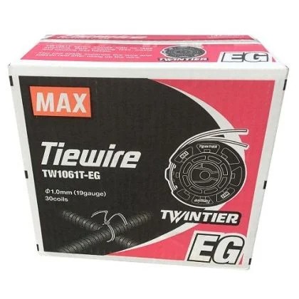MAX TW1061T-EG electro-galvanized 19 gauge Tie Wire box for TwinTier tools, 30 rolls, EG corrosion-resistant packaging front view