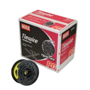 MAX TW1061T-PC poly-coated 19 gauge rebar tie wire box with one yellow polyester-coated wire coil spool for TwinTier tools displayed in front