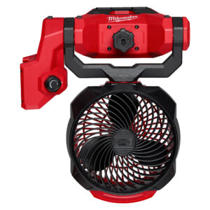 Milwaukee 0817-20 M18 Brushless Scissor Lift Fan, cordless jobsite fan product image, front-facing view with clamp mount and 7-inch fan blade housing visible, red and black housing on white background, scissor lift fan product image