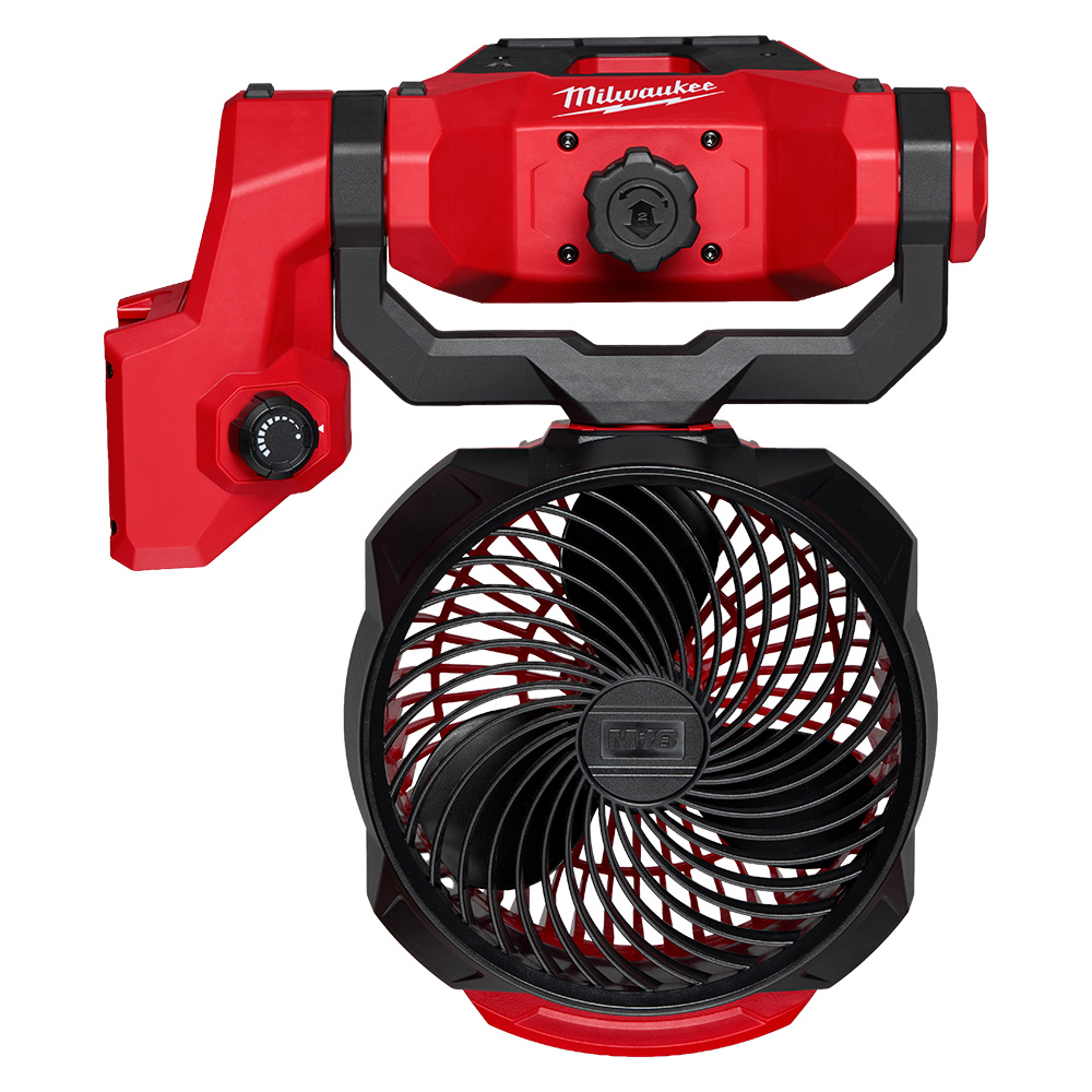 Milwaukee 0817-20 M18 Brushless Scissor Lift Fan, cordless jobsite fan product image, front-facing view with clamp mount and 7-inch fan blade housing visible, red and black housing on white background, scissor lift fan product image