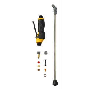 DEWALT 184766 replacement sprayer wand and nozzle kit, stainless steel wand, black and yellow shutoff handle, multiple spray nozzles and fittings laid out on white background, backpack sprayer parts product image