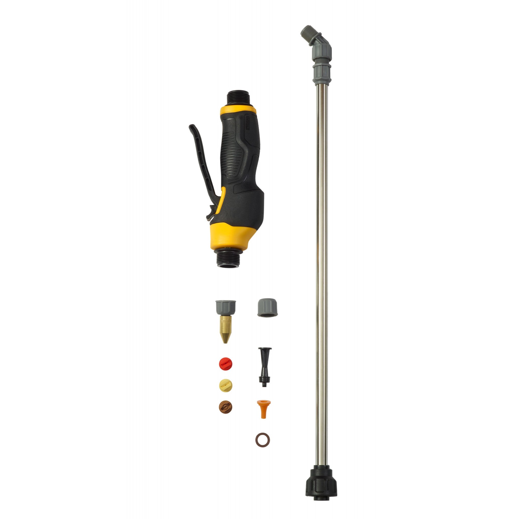 DEWALT 184766 replacement sprayer wand and nozzle kit, stainless steel wand, black and yellow shutoff handle, multiple spray nozzles and fittings laid out on white background, backpack sprayer parts product image
