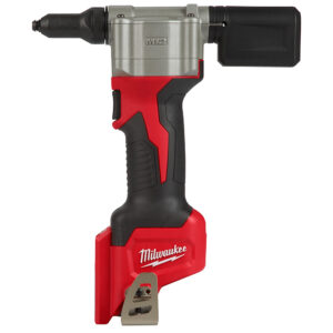 Milwaukee 2550-20 M12 rivet tool cordless blind rivet gun product image side profile showing mandrel collector, nose piece, and belt clip on white background