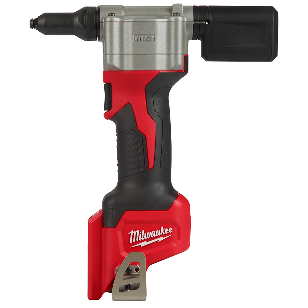 Milwaukee 2550-20 M12 rivet tool cordless blind rivet gun product image side profile showing mandrel collector, nose piece, and belt clip on white background