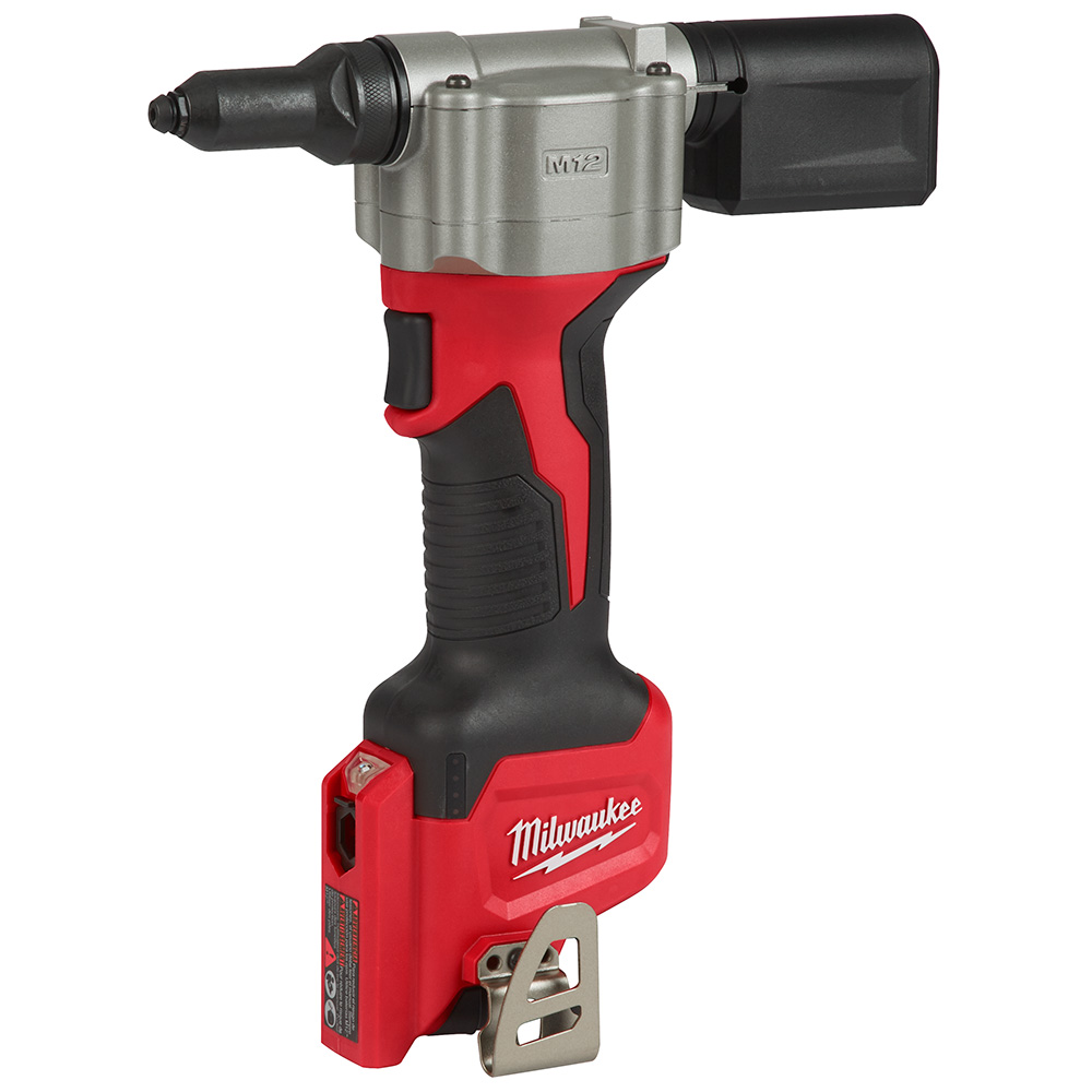 Milwaukee 2550-20 M12 rivet tool cordless blind rivet gun angled view showing nose assembly, mandrel collector, grip texture, and belt clip on white background