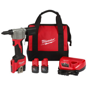 MILWAUKEE 2550-22 M12 rivet tool kit cordless rivet gun product image, rivet tool with two M12 batteries, charger, and contractor bag on white background