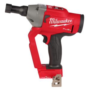 MILWAUKEE 2661-20 M18 FUEL 1/4″ lockbolt tool with ONE-KEY, cordless lockbolt gun side profile isolated on white background, nose assembly and pulling head visible, belt hook attached, FUEL branding on housing