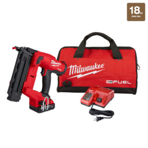Milwaukee 2746-21CT M18 FUEL 18 gauge brad nailer kit with cordless brad nailer, M18 battery, charger, and Milwaukee contractor bag.