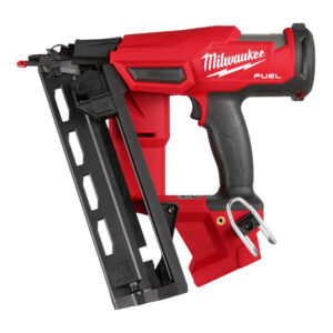 Milwaukee 2841-20 M18 FUEL 16 gauge angled finish nailer cordless finish nailer side view showing angled nail magazine and belt hook.