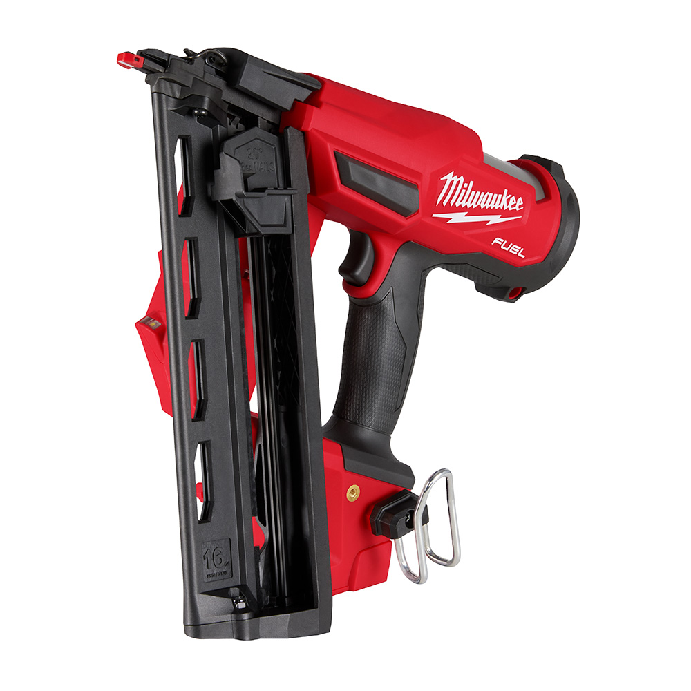 Milwaukee M18 FUEL 16 gauge angled finish nailer angled side view showing cordless finish nailer body, 16 gauge angled nail magazine, and belt hook.