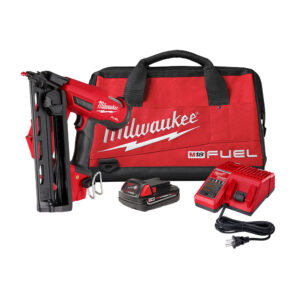 Milwaukee 2841-21CT M18 FUEL 16 gauge angled finish nailer kit with cordless finish nailer, M18 CP2.0 battery, charger, and Milwaukee contractor bag.