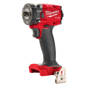 Milwaukee 2854-20 M18 FUEL 3/8 inch compact impact wrench bare tool side profile showing friction ring anvil, tri-LED worklights, and belt clip on white background