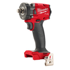 Milwaukee 2855-20 M18 FUEL 1/2" compact impact wrench with friction ring anvil, tool only side view showing 4.9" compact head and belt clip