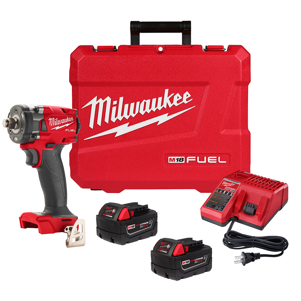Milwaukee 2855-22R M18 FUEL 1/2" compact impact wrench kit with friction ring, two XC5.0 batteries, charger, and blow molded case, product layout on white background