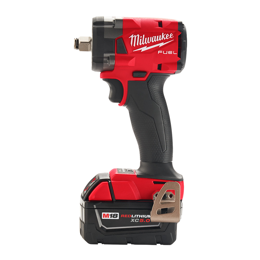 Milwaukee 2855-22R M18 FUEL 1/2" compact impact wrench with friction ring and XC5.0 battery installed, side profile showing compact 4.9" head design and belt clip