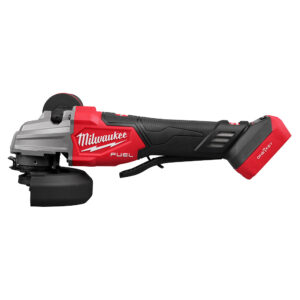 Milwaukee 2986-20 M18 FUEL 4-1/2 inch 5 inch dual trigger braking grinder side profile product image showing tool body, guard, trigger, and ONE-KEY branding on battery base