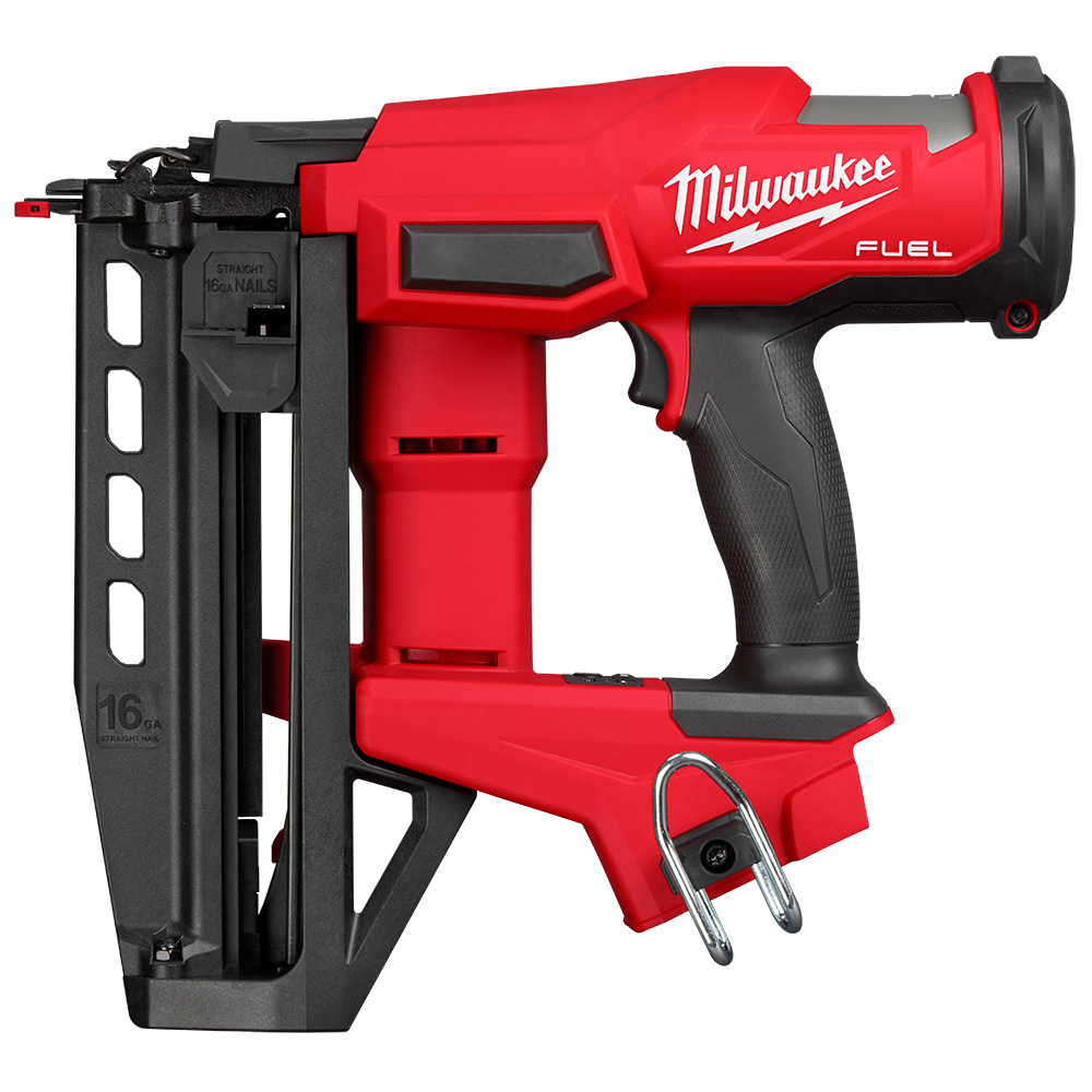 Milwaukee 3020-20 M18 FUEL 16 gauge straight finish nailer side profile product image showing magazine, trigger, belt hook, and “16 GA straight nails” marking on magazine