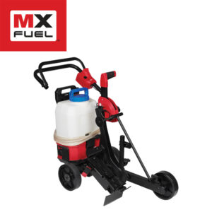 Milwaukee 3105 cut-off saw cart kit with MX FUEL branding, wheeled cart frame with adjustable handle, mounted SWITCH TANK water supply tank with hose and controls, front-left product view