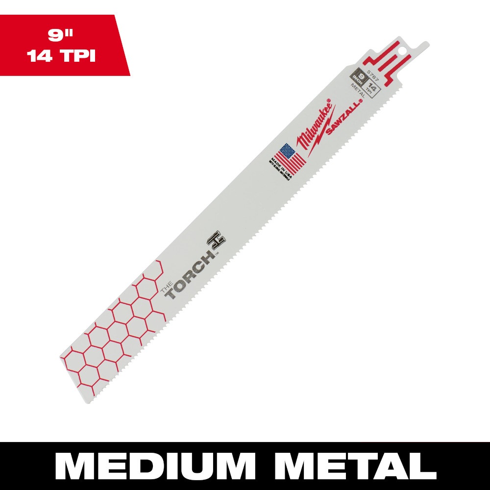 Milwaukee 48-01-7787 9″ The Torch SAWZALL blade 14 TPI single blade product image, white blade with Milwaukee branding and honeycomb pattern, on-image text “9″ 14 TPI” and “MEDIUM METAL”