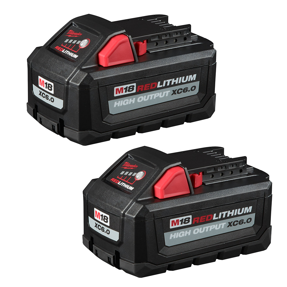 MILWAUKEE 48-11-1862 M18 REDLITHIUM HIGH OUTPUT XC6.0 battery pack 2 pack, dual batteries product image on white background, M18 XC6.0 labels and fuel gauge indicators visible, cordless tool battery product image