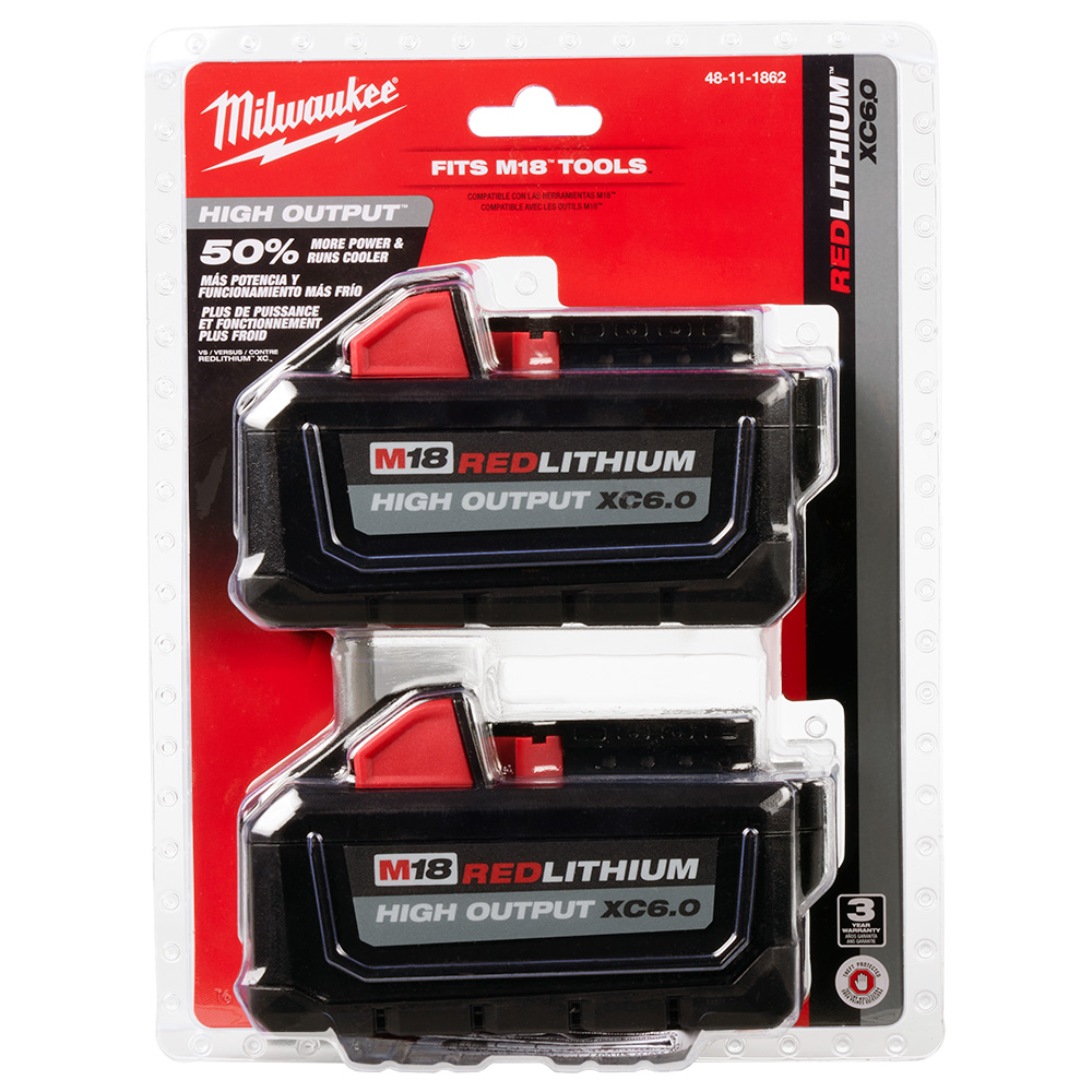 MILWAUKEE 48-11-1862 M18 REDLITHIUM HIGH OUTPUT XC6.0 battery pack 2 pack in retail packaging, front view blister pack with two batteries, on-image text “FITS M18 TOOLS” and “50% more power & runs cooler” visible
