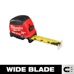 Milwaukee Wide Blade 25 ft tape measure with red and black case and extended yellow measuring blade on white background, “Milwaukee Wide Blade 25FT” text visible on housing, “WIDE BLADE” banner graphic below.