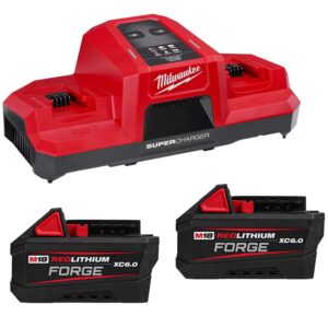 Milwaukee 48-59-1866 M18 Dual Bay Super Charger kit with two REDLITHIUM FORGE XC6.0 batteries, charger front view and batteries shown below on white background, cordless battery charger kit product image