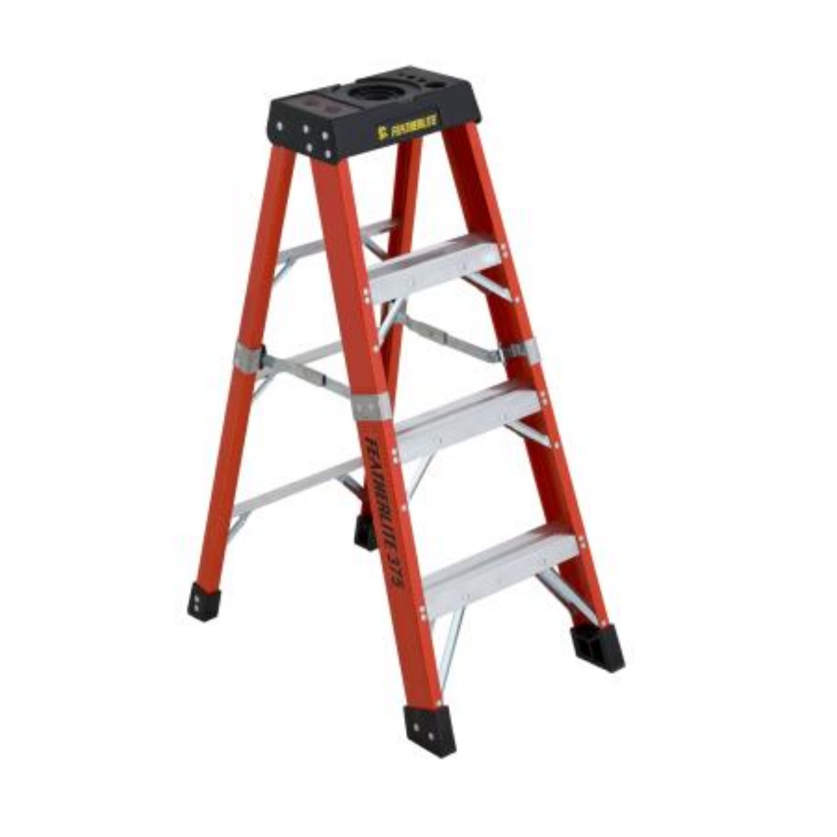 Featherlite 6804-AA 4 ft fibreglass stepladder 375 lb Grade 1AA, front angled full ladder view showing tool top and aluminum steps, non-conductive ladder product image
