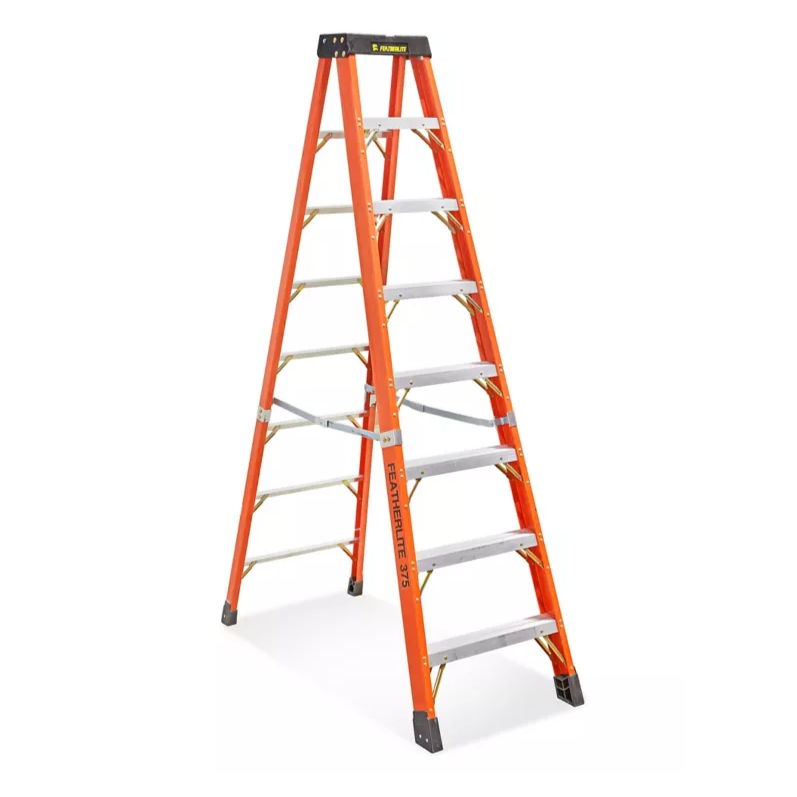 Featherlite 6808-AA 8 ft fibreglass stepladder 375 lb Grade 1AA, front angled full ladder view showing tool top and aluminum steps, non-conductive ladder product image