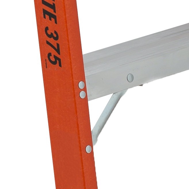 Featherlite 6808-AA fibreglass stepladder side rail close-up showing “375” load rating text on orange rail with aluminum step and rivet connection detail