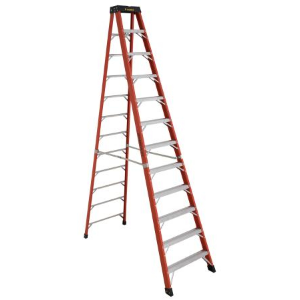Featherlite 6812-AA 12 ft fibreglass stepladder 375 lb Grade 1AA, front angled full ladder view showing tool top and aluminum steps, non-conductive ladder product image