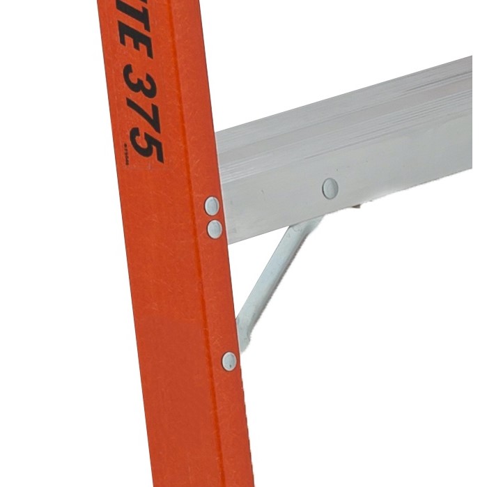 Featherlite 6812-AA fibreglass stepladder side rail close-up showing “375” load rating text on orange rail with aluminum step and rivet connection detail