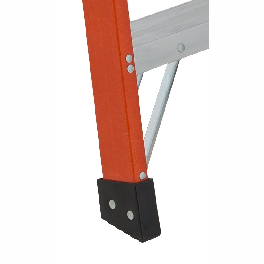 Featherlite 6812-AA fibreglass stepladder bottom rail close-up showing heavy-duty black boot foot with riveted aluminum rail and support brace detail
