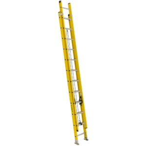 Featherlite 6924 24 ft fibreglass extension ladder, full-length view showing D-rungs, rope and pulley system, MAXLOCK rung locks, and swivel safety feet on white background