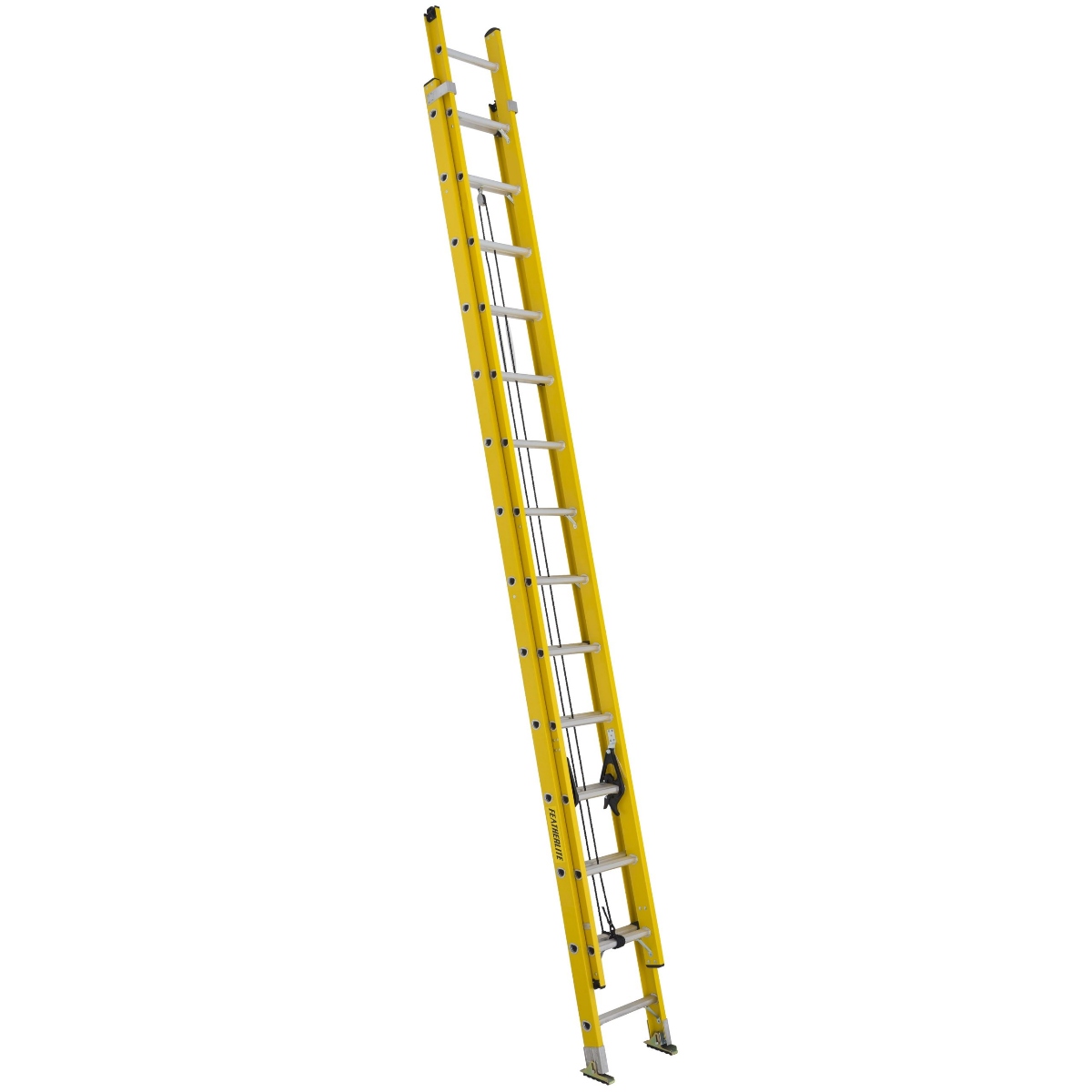 Featherlite 6932 32 ft fibreglass extension ladder, full-length view showing D-rungs, rope and pulley system, MAXLOCK rung locks, and swivel safety feet on white background
