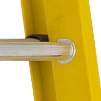 Featherlite 6932 fiberglass extension ladder D-rung detail, close-up of serrated aluminum rung mounted through fiberglass rail showing slip-resistant surface and rung connection point
