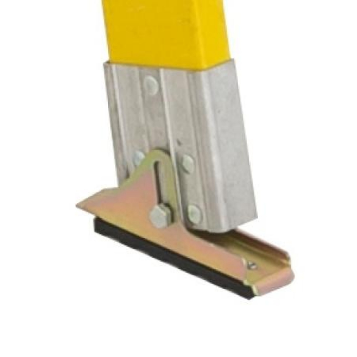 Featherlite 6932 fiberglass extension ladder swivel safety foot detail, close-up showing steel swivel shoe with rubber tread pad and adjustable angle for ground contact