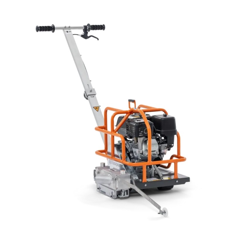 Husqvarna 966844820 SOFF-CUT 150 early entry concrete saw, front angle view with handle and Honda engine, compact walk-behind saw with blade housing and guide wheel visible