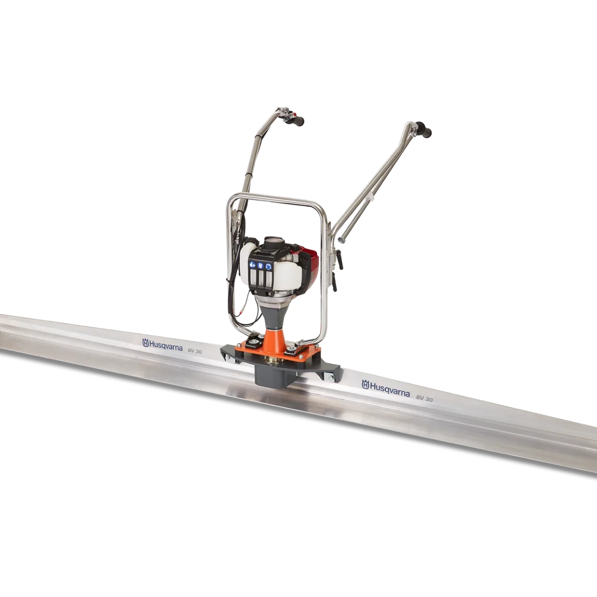 Husqvarna 967858901 10 ft screed blade mounted on BV30 power screed unit, aluminum blade with Husqvarna BV30 branding, front angle view of full screed assembly