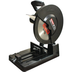 MK Morse Metal Devil 14 inch metal cutting circular saw with blade guard, carbide steel cutting blade, and adjustable mitering vise mounted on a black base.