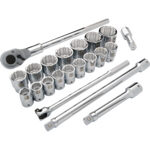 DYNAMIC D023000 21 piece SAE socket set with 3/4 inch drive 12 point sockets, ratchet, extensions, flex handle, and universal joint arranged on white background