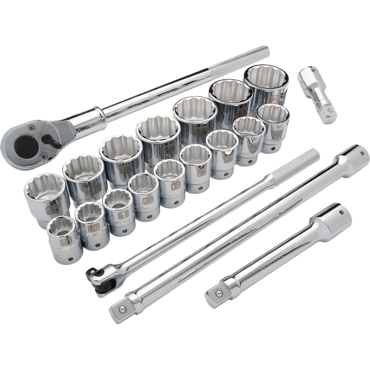 DYNAMIC D023000 21 piece SAE socket set with 3/4 inch drive 12 point sockets, ratchet, extensions, flex handle, and universal joint arranged on white background