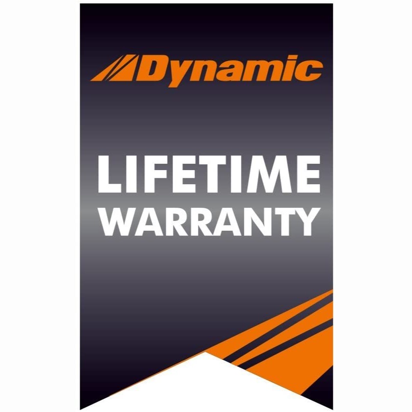 Dynamic brand graphic displaying “Lifetime Warranty” text with Dynamic logo on dark background with orange accents