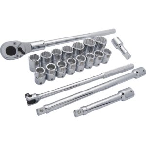 DYNAMIC D023001 20 piece metric socket set with 3/4 inch drive 12 point sockets, ratchet, extensions, flex handle, and universal joint arranged on white background