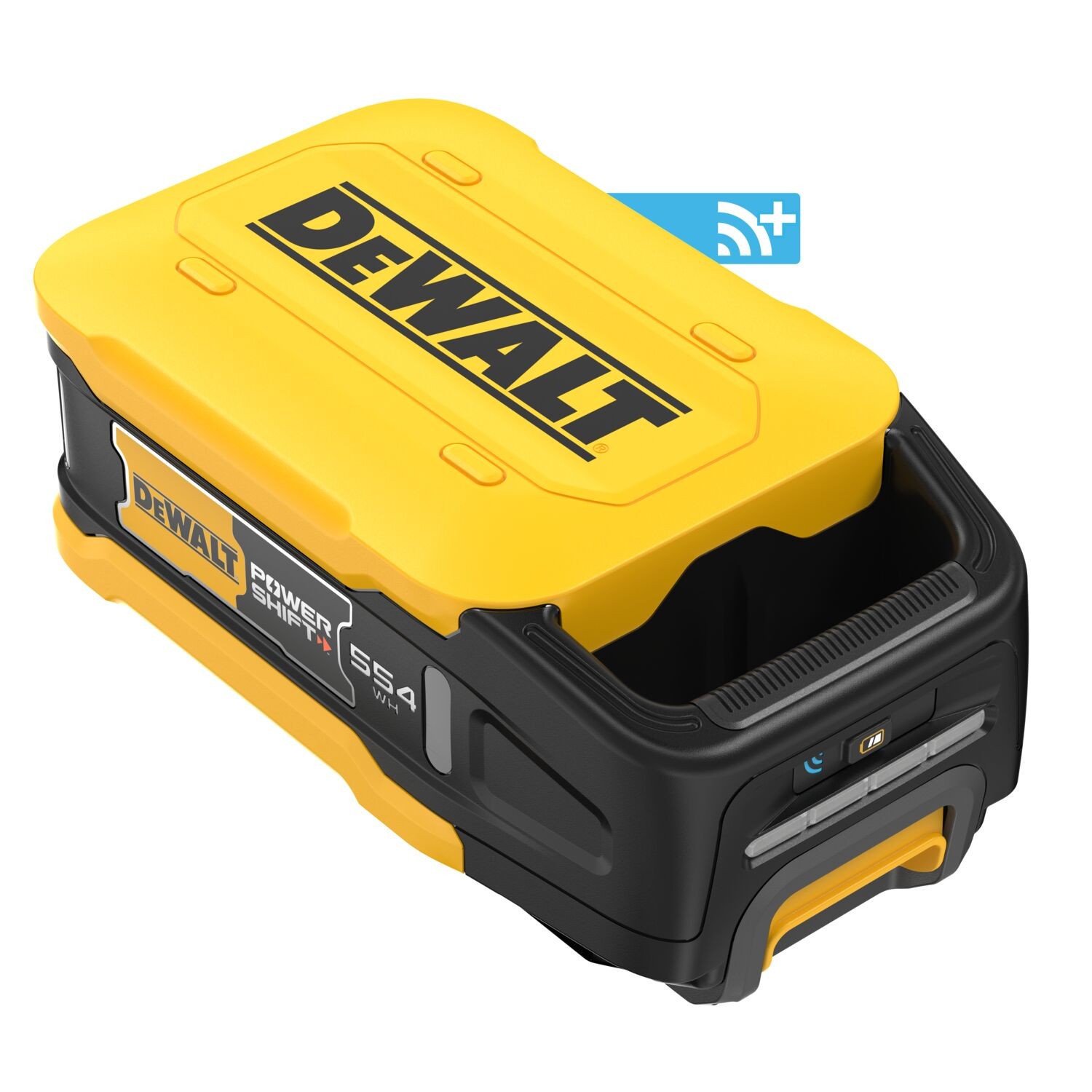 DEWALT DCBPS0554 POWERSHIFT 554Wh Battery product image angled view showing Tool Connect indicator, charge status light, and rugged housing design