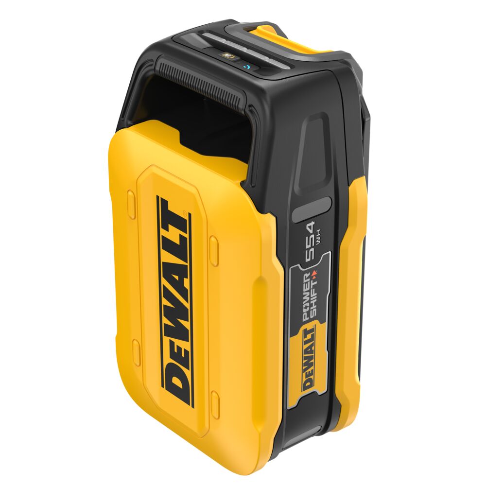 DEWALT DCBPS0554 POWERSHIFT 554Wh Battery upright product image showing side profile, integrated carry handle, charge indicator lights, and rugged housing design