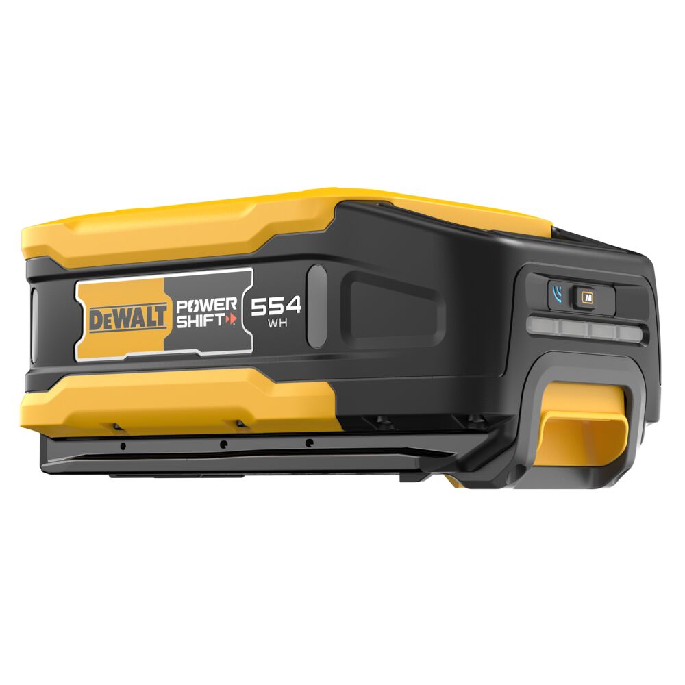 DEWALT DCBPS0554 POWERSHIFT 554Wh Battery side profile product image showing 554Wh label, Tool Connect icon, charge indicator lights, and base mounting interface
